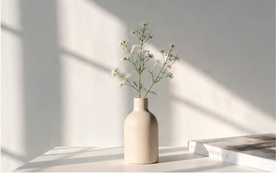 White vase with small flowers in soft sunlight