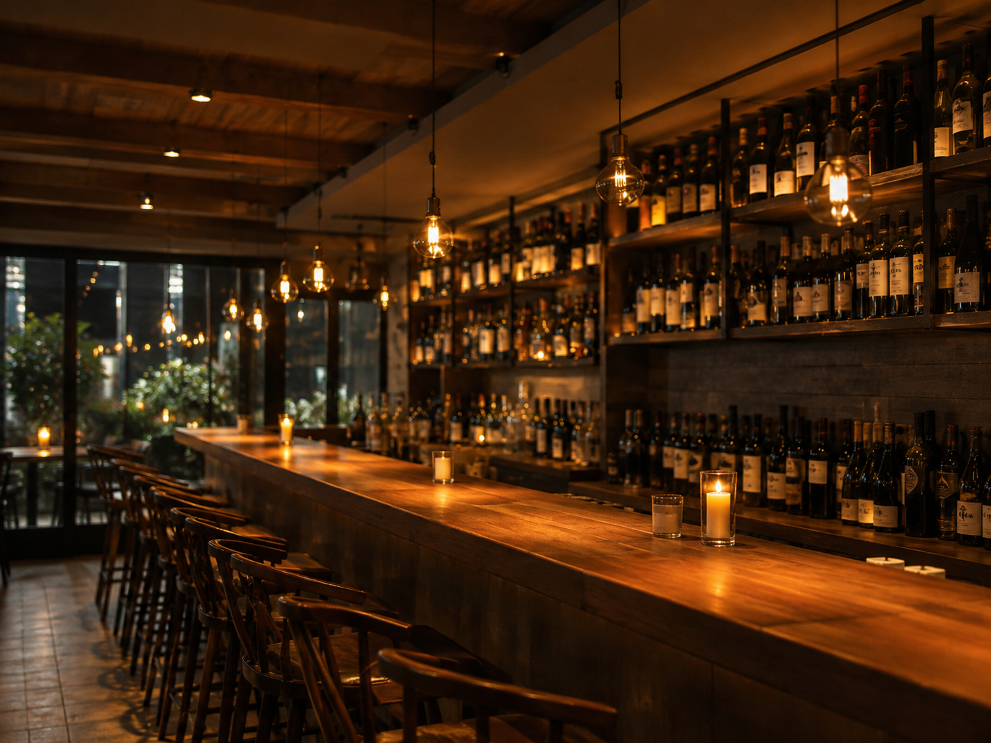 Warm wooden wine bar counter