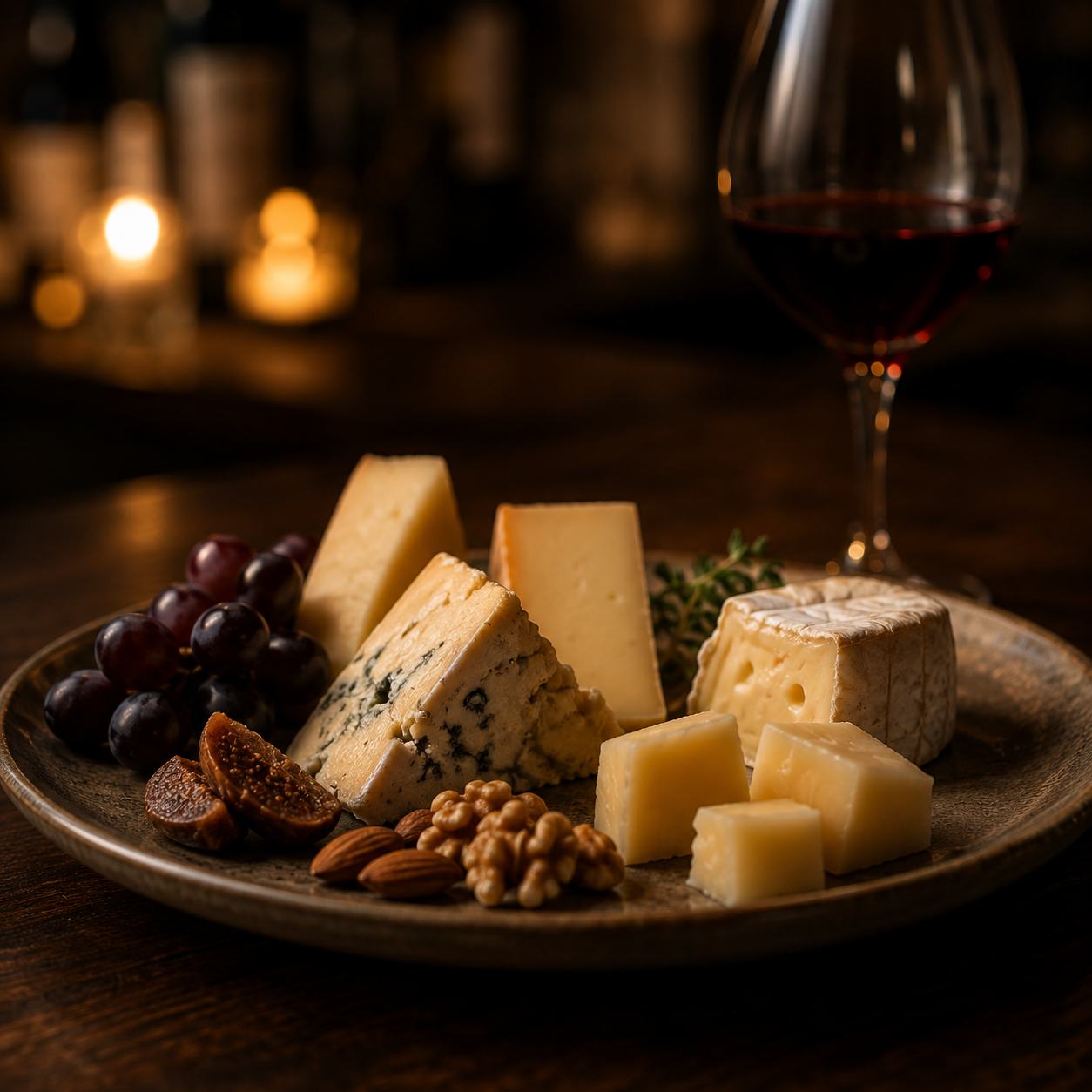 Cheese and grapes with wine