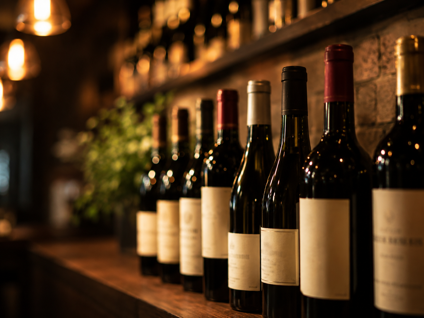 Wine bottles in soft bar lighting
