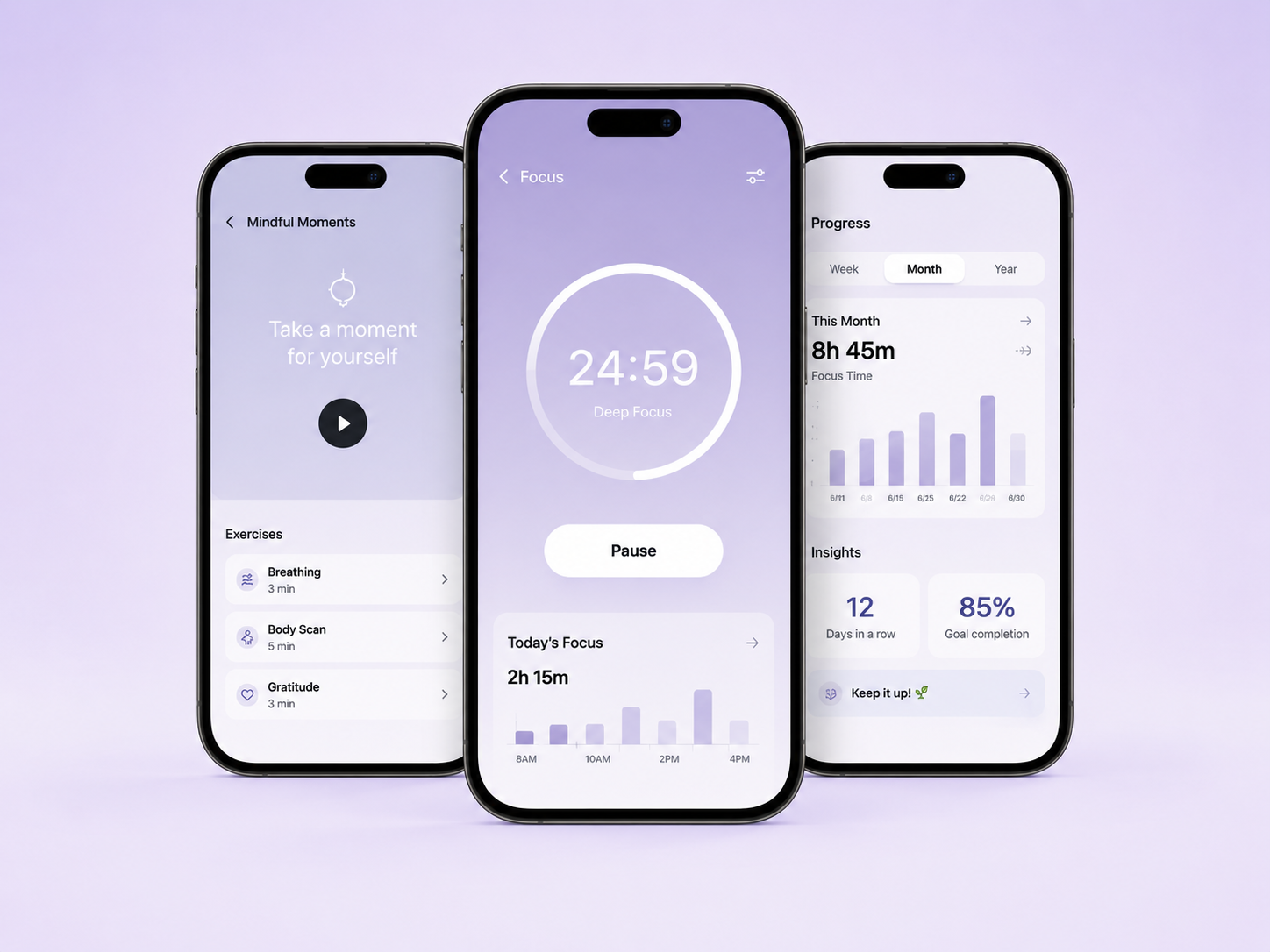 Three Calmora app screens showing mindful moments, focus timer, and progress