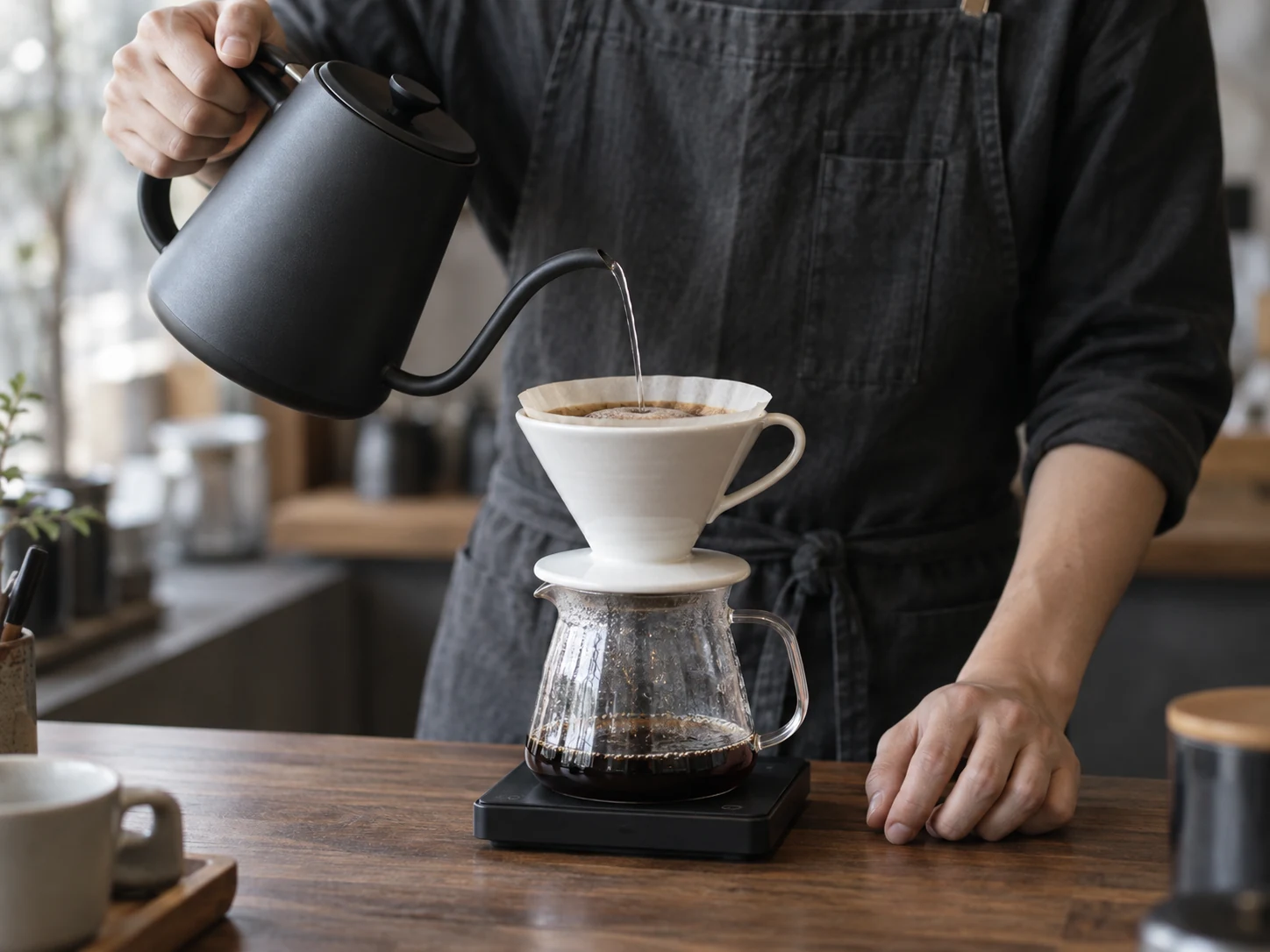 ドリッパーで丁寧にコーヒーを淹れる手元のイメージ