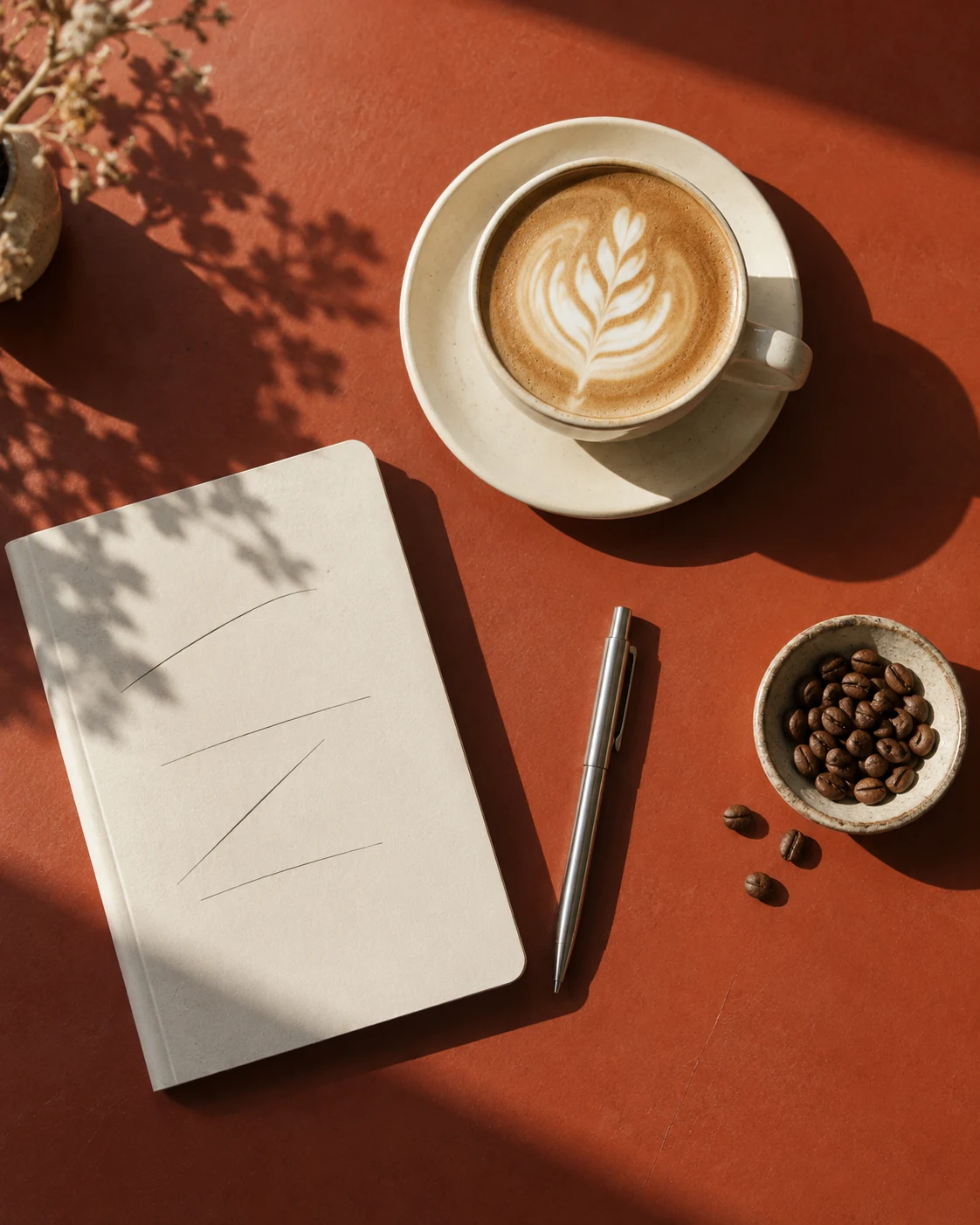 コーヒーとノートを並べたテーブル。お店の計画を考える時間のイメージ